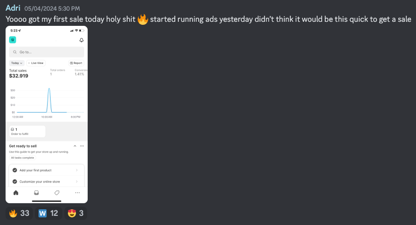 Glitching AI user sharing their first sale in the Discord for Glitching AI reviews.