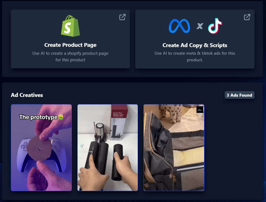 Glitching’s AI finding video ads for dropshipping products to sell on Shopify