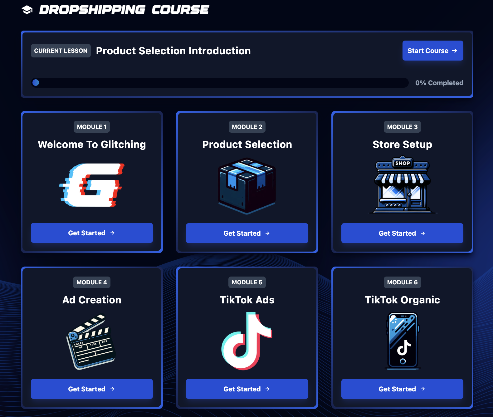 The first six modules in Glitchings full course to master automated dropshipping