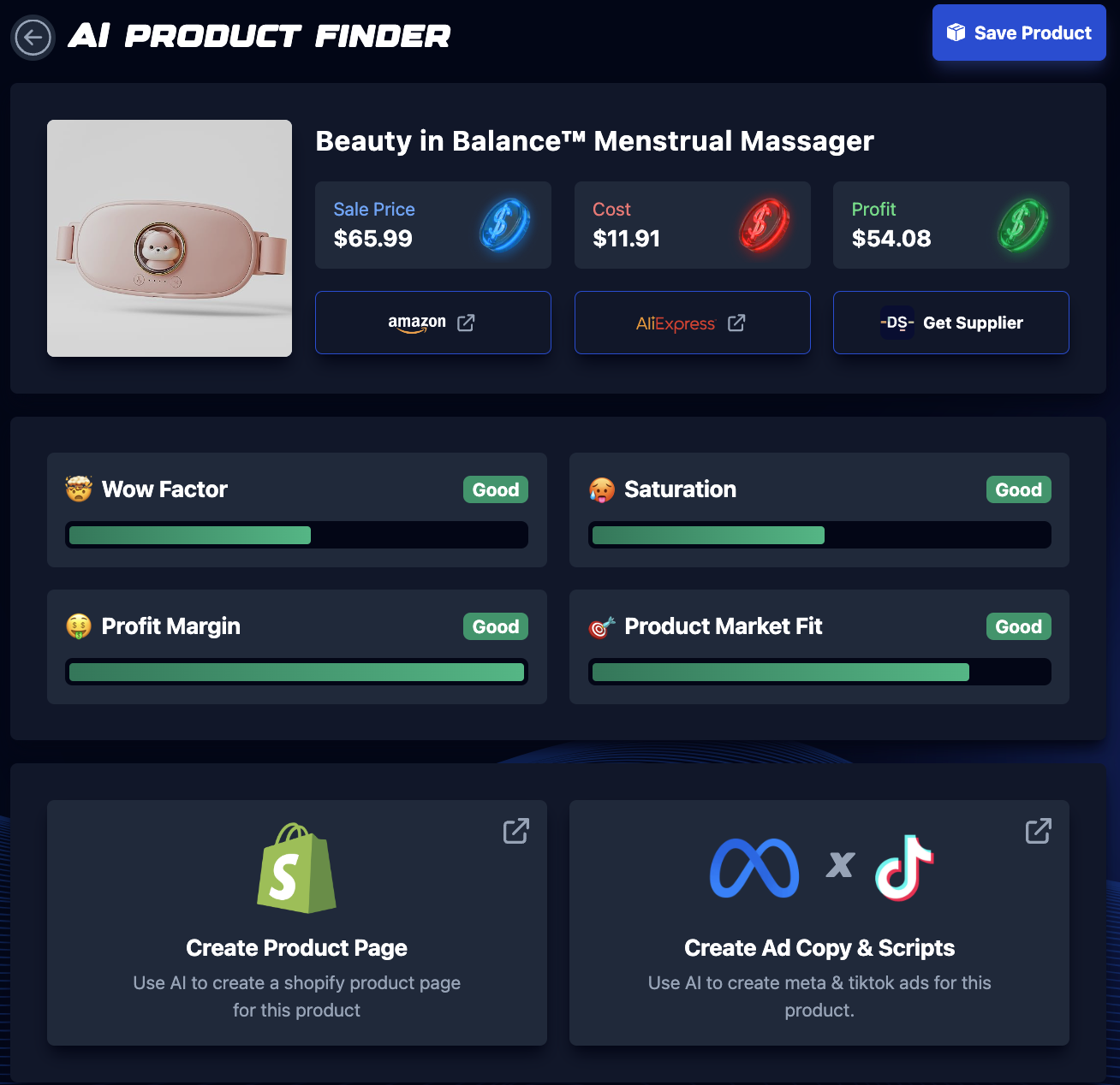 AI showing stats of a dropshipping product